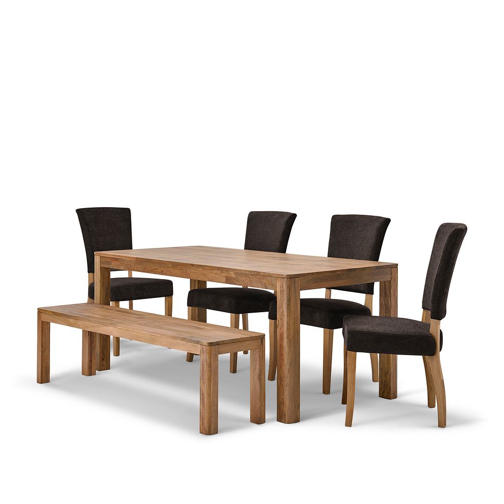Noah Mango Dining Table And 4 Curve Back Plain Charcoal Fabric Chairs with 1 Noah Bench 3