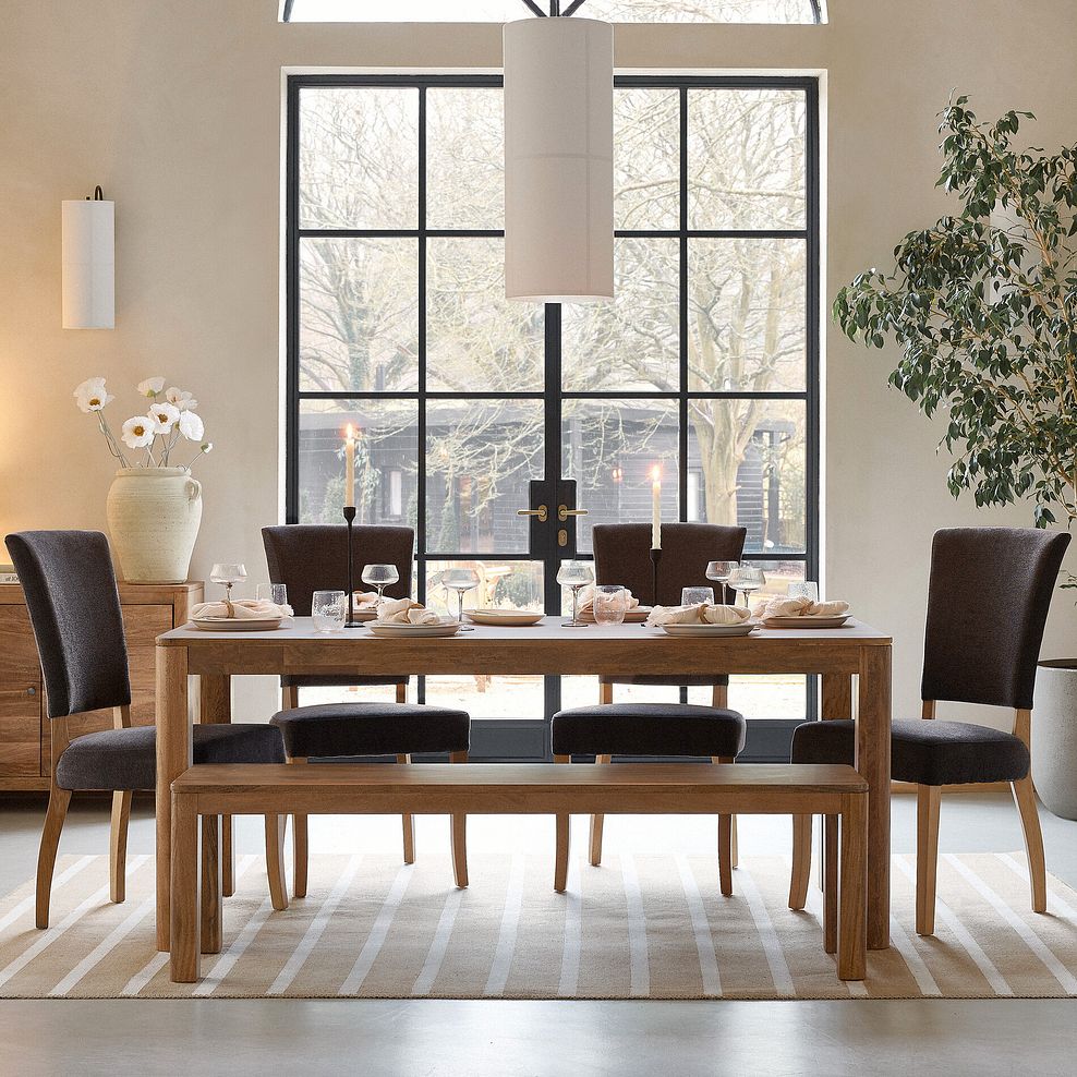 Noah Mango Dining Table And 4 Curve Back Plain Charcoal Fabric Chairs with 1 Noah Bench 2