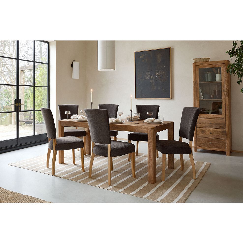 Noah Solid Mango Dining Table + 6 Upholstered Curve Back Plain Charcoal Fabric Chairs 2