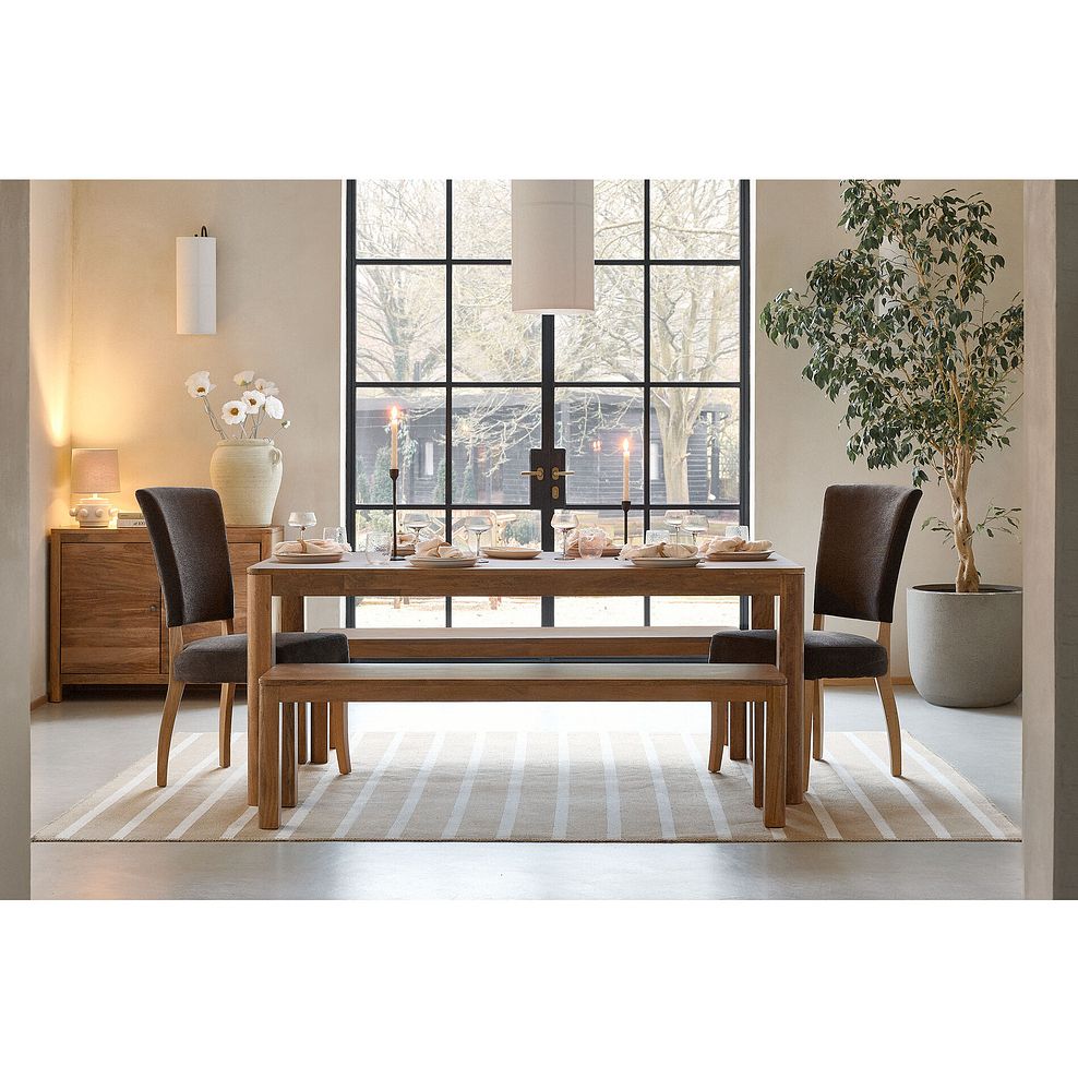 Noah Solid Mango Dining Table with 2 Noah Mango Benches and 2 Curve Back Chairs in Charcoal Fabric 2