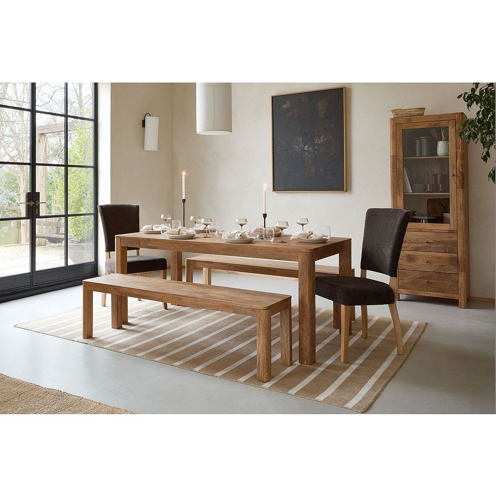 Noah Solid Mango Dining Table with 2 Noah Mango Benches and 2 Curve Back Chairs in Charcoal Fabric 1
