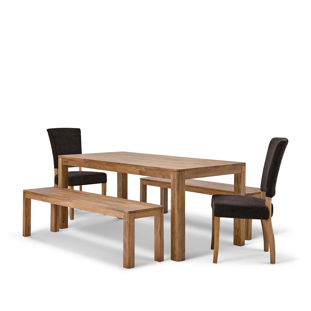 Noah Solid Mango Dining Table with 2 Noah Mango Benches and 2 Curve Back Chairs in Charcoal Fabric 3