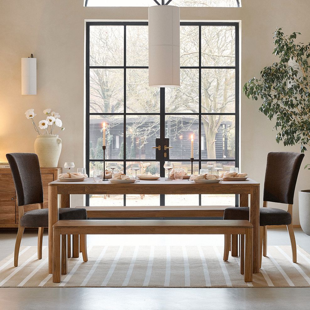 Noah Solid Mango Dining Table with 2 Noah Mango Benches and 2 Curve Back Chairs in Charcoal Fabric 2