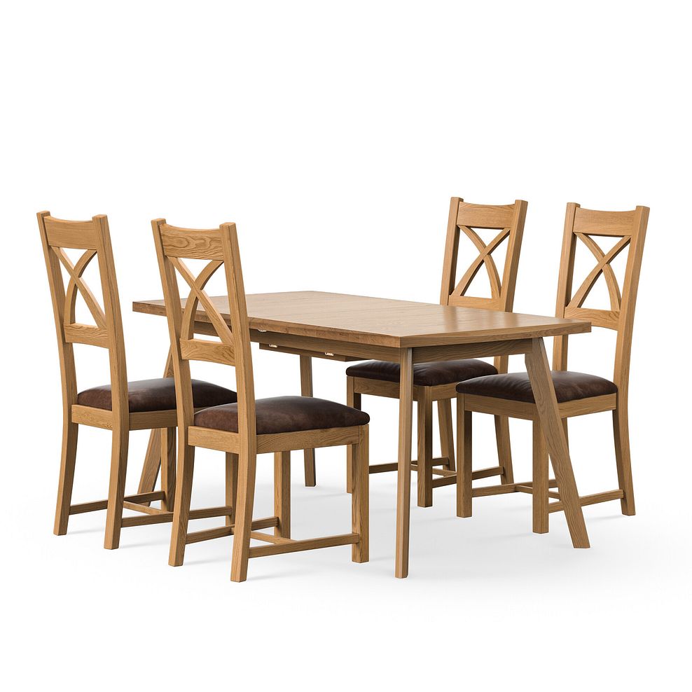 Oaklee Natural Oak Extendable Dining Table 160-210cm + 4 Cross Back Natural Solid Oak Chair with Vintage Brown Leather Look Fabric Seat 1