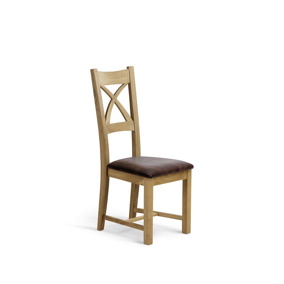 Oaklee Natural Oak Extendable Dining Table 160-210cm + 4 Cross Back Natural Solid Oak Chair with Vintage Brown Leather Look Fabric Seat 7