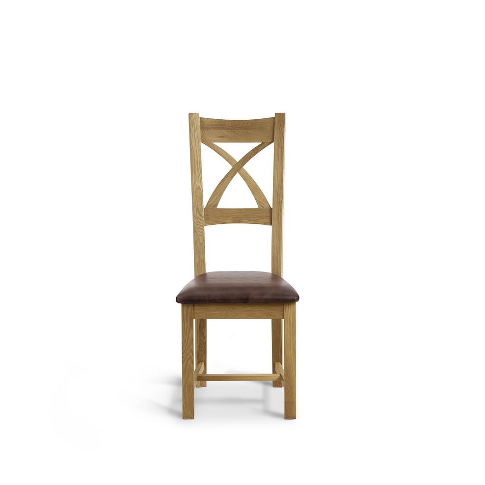 Oaklee Natural Oak Extendable Dining Table 160-210cm + 4 Cross Back Natural Solid Oak Chair with Vintage Brown Leather Look Fabric Seat 8