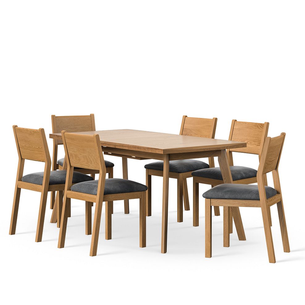 Oaklee Natural Oak Extendable Dining Table 160-210cm + 6 Ellison Oak Chair with Vintage Black Leather Look Fabric Seat 1