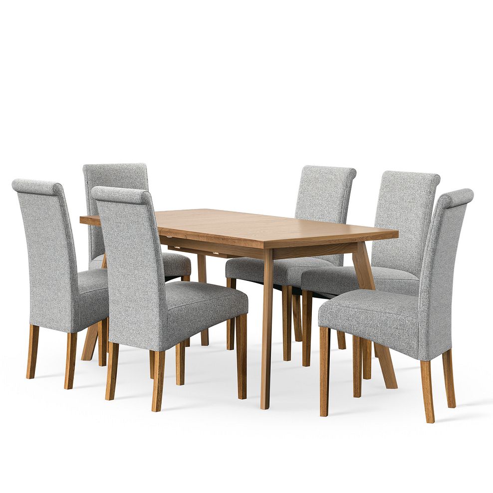 Oaklee Natural Oak Extendable Dining Table 160-210cm + 6 Scroll Back Chair in Conway Grey Fabric with Solid Oak Legs 1