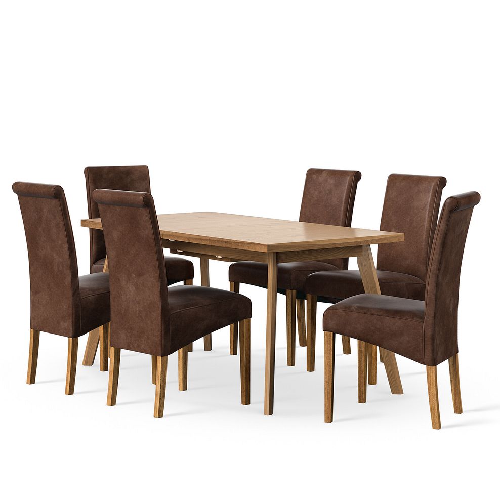 Oaklee Natural Oak Extendable Dining Table 160-210cm + 6 Scroll Back Chair in Vintage Brown Leather Look Fabric with Oak Legs 1