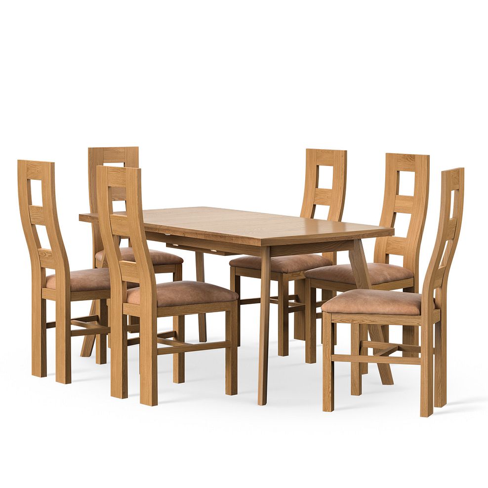 Oaklee Natural Oak Extendable Dining Table 160-210cm + 6 Wave Back Natural Solid Oak Chair with Vintage Tan Leather Look Fabric Seat 1