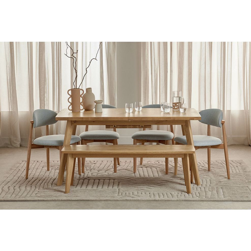 Oaklee Natural Oak Extending Dining Table And 4 Otis Chairs in Cloud Grey with 1 Oaklee Bench 1