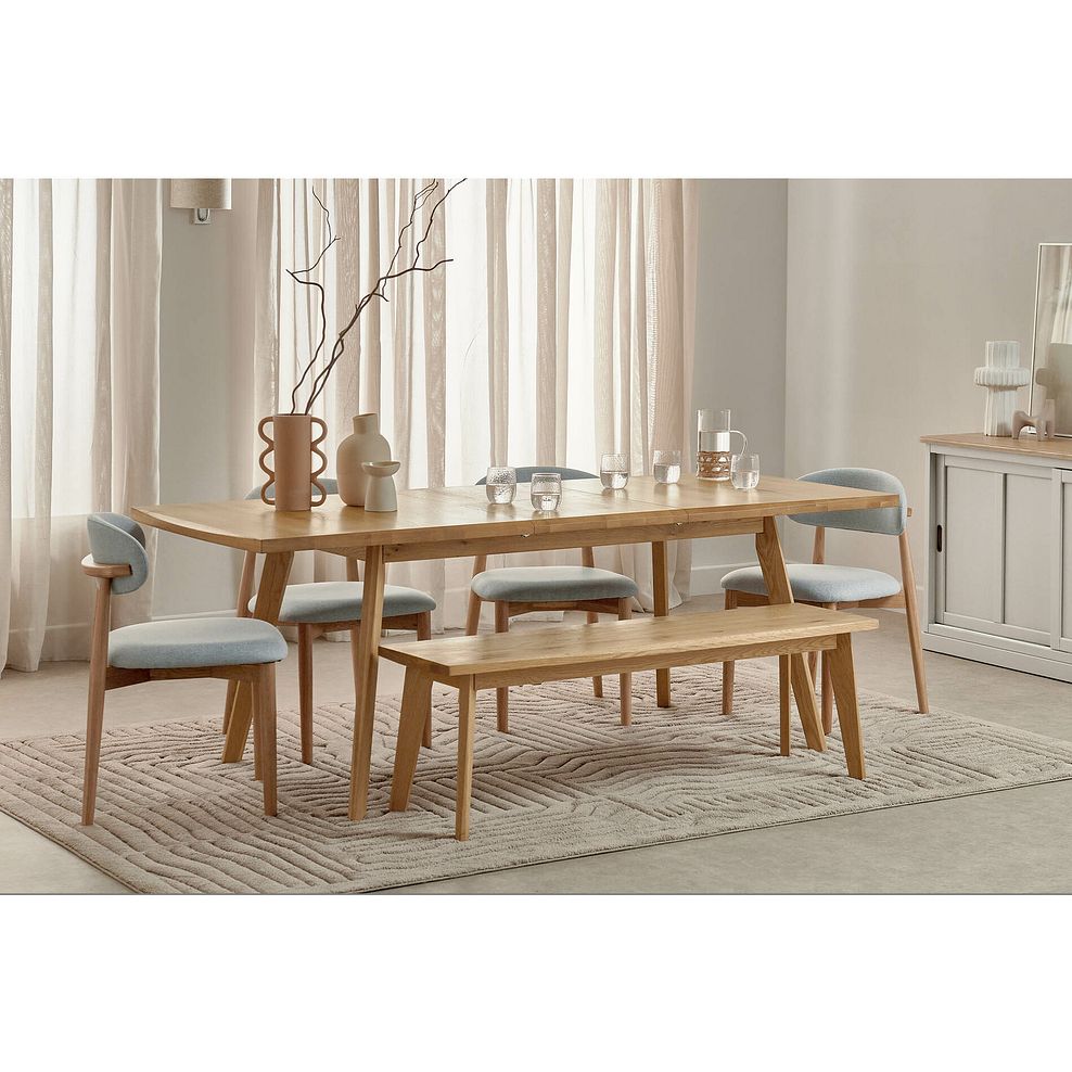 Oaklee Natural Oak Extending Dining Table And 4 Otis Chairs in Cloud Grey with 1 Oaklee Bench 2