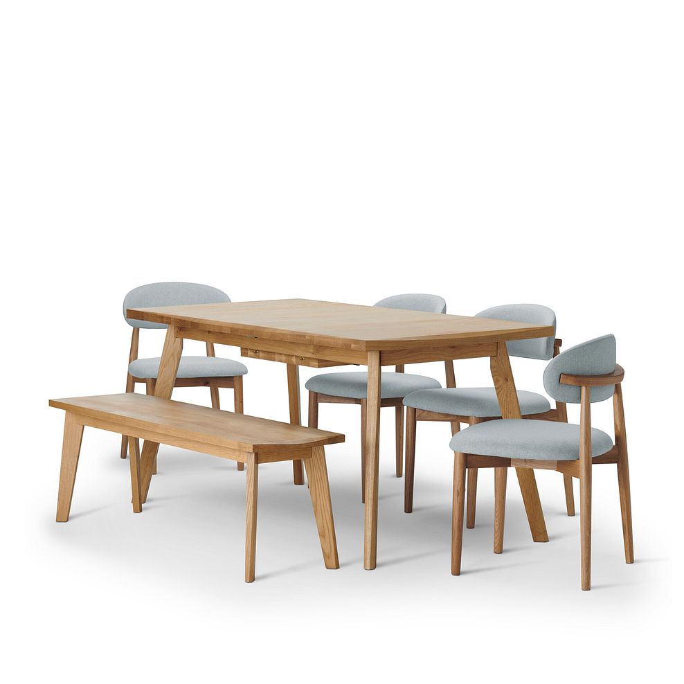 Oaklee Natural Oak Extending Dining Table And 4 Otis Chairs in Cloud Grey with 1 Oaklee Bench 3