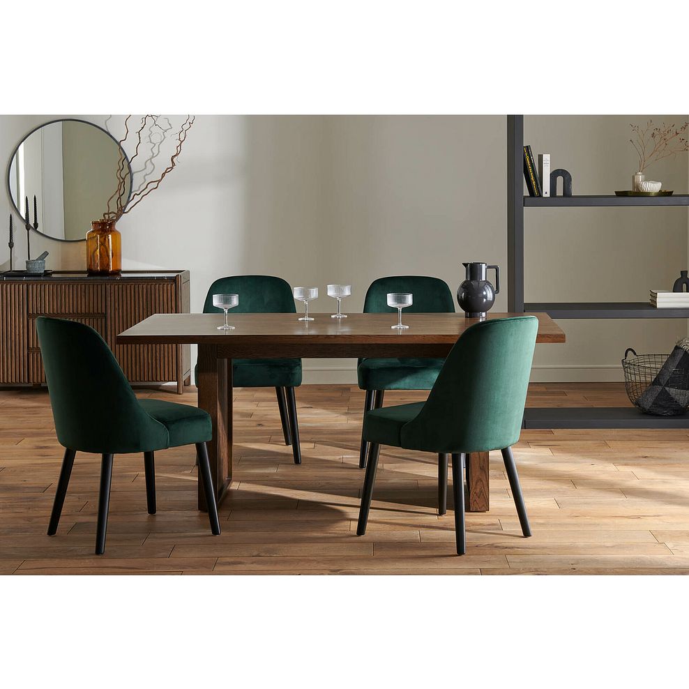 Oliver Dark Oak 5ft11 Dining Table + 4 Bette Chairs with Black Legs in Heritage Bottle Green Velvet 1