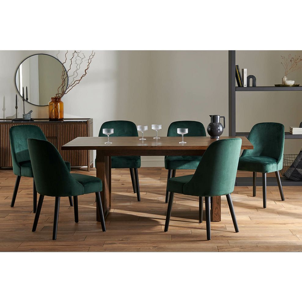 Oliver Dark Oak 5ft11 Dining Table + 6 Bette Chairs with Black Legs in Heritage Bottle Green Velvet 1