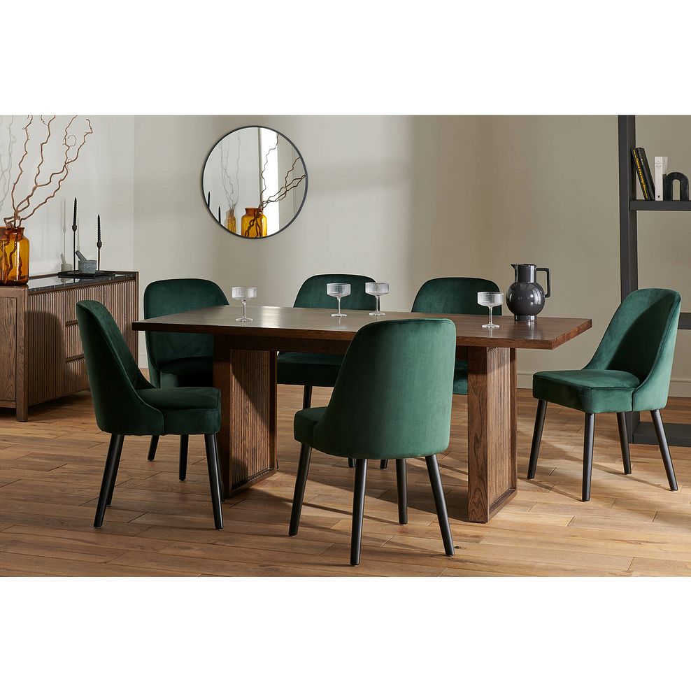 Oliver Dark Oak 5ft11 Dining Table + 6 Bette Chairs with Black Legs in Heritage Bottle Green Velvet 2