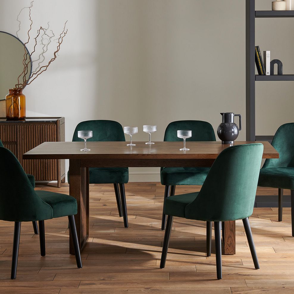 Oliver Dark Oak 5ft11 Dining Table + 6 Bette Chairs with Black Legs in Heritage Bottle Green Velvet 2