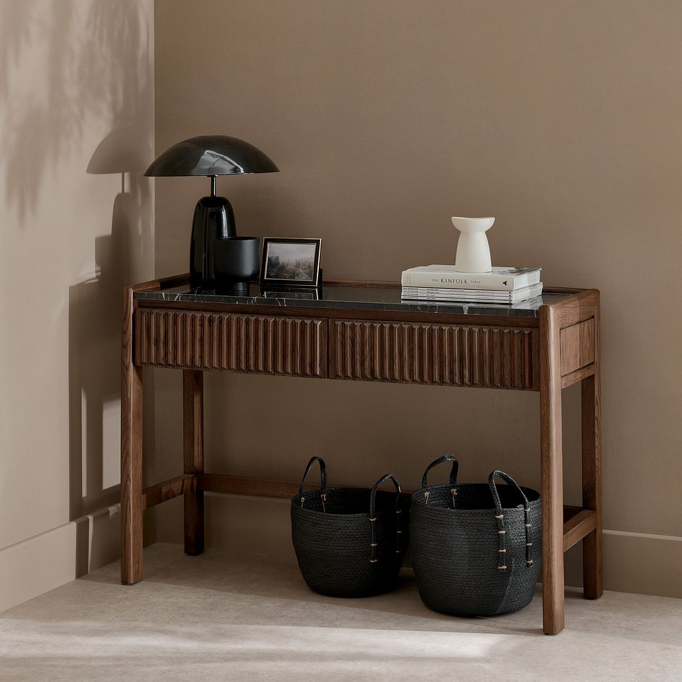 Oliver Dark Solid Oak and Black Marble Console Table 2
