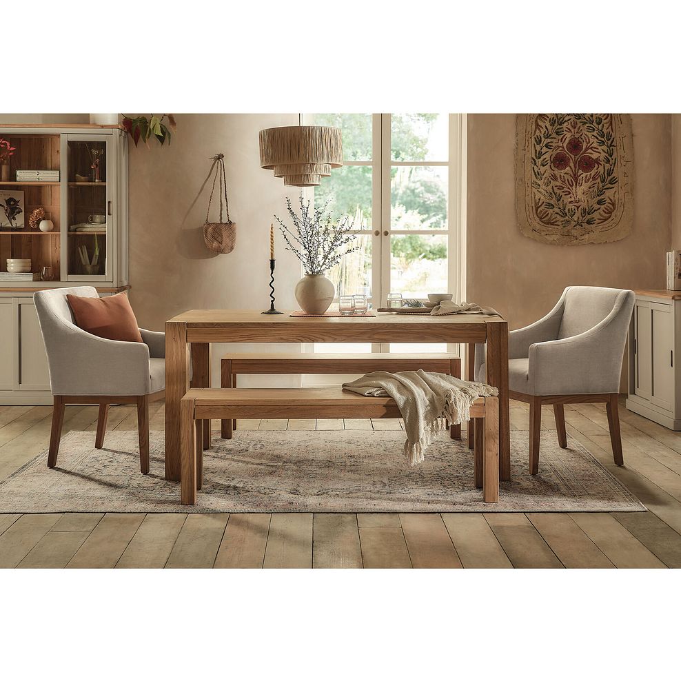 Ontario European Oak Dining Table + 2 Harper Chairs in Stone Fabric + 2 Ontario Benches 1