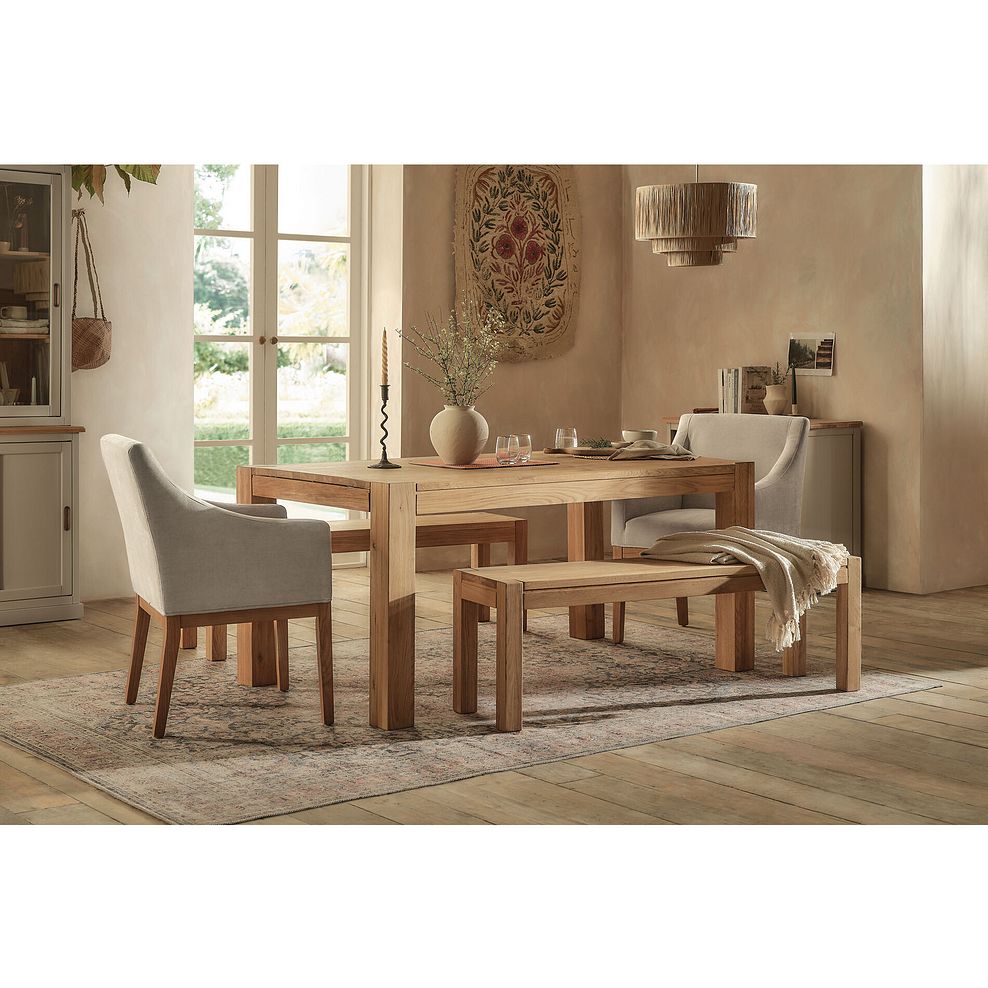 Ontario European Oak Dining Table + 2 Harper Chairs in Stone Fabric + 2 Ontario Benches 2