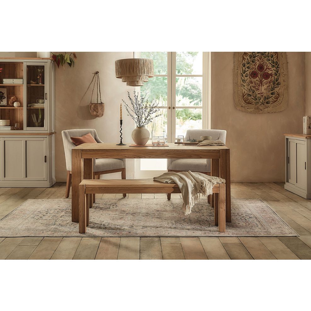 Ontario European Oak Dining Table + 2 Harper Chairs in Stone Fabric and 1 Ontario Bench 2