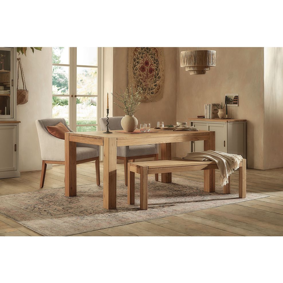 Ontario European Oak Dining Table + 2 Harper Chairs in Stone Fabric and 1 Ontario Bench 1
