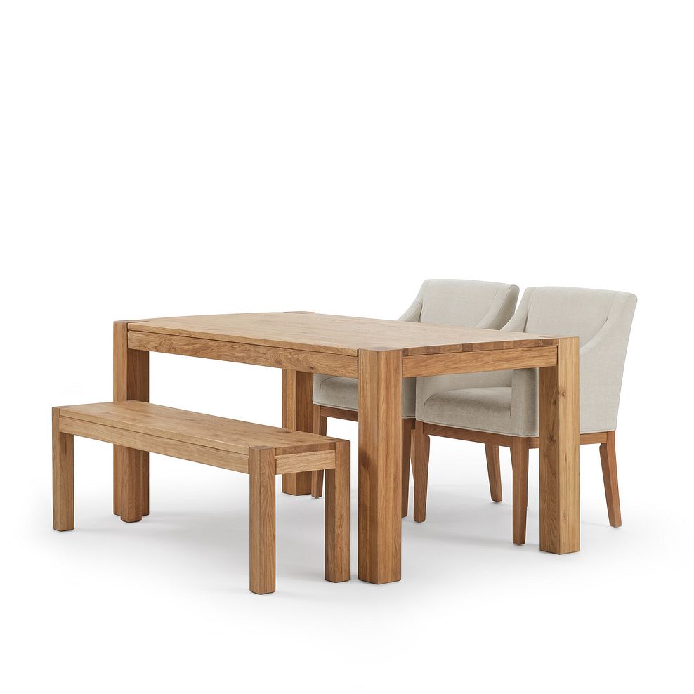 Ontario European Oak Dining Table + 2 Harper Chairs in Stone Fabric and 1 Ontario Bench 4