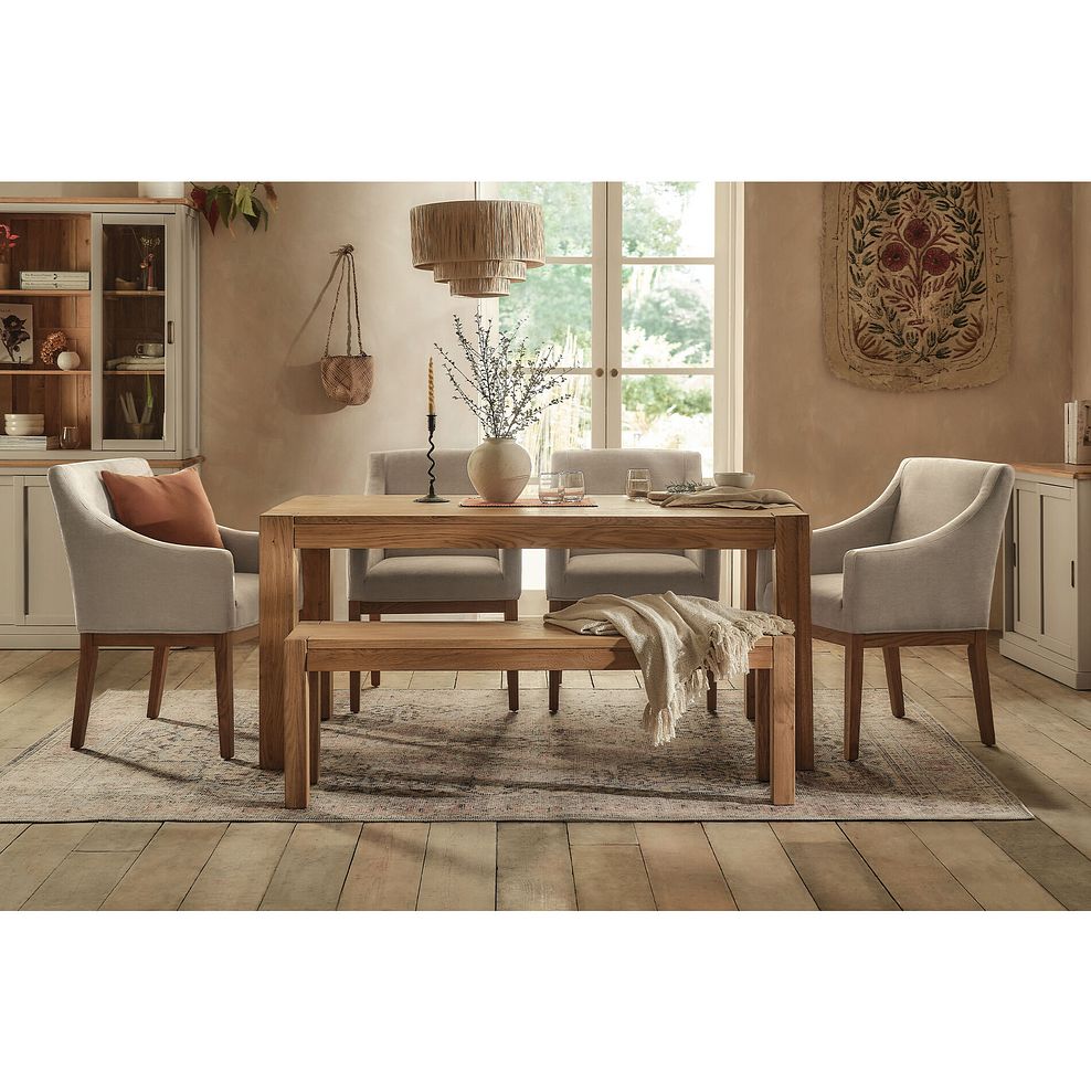 Ontario European Oak Dining Table + 4 Harper Chairs in Stone Fabric + 1 Ontario Bench 1