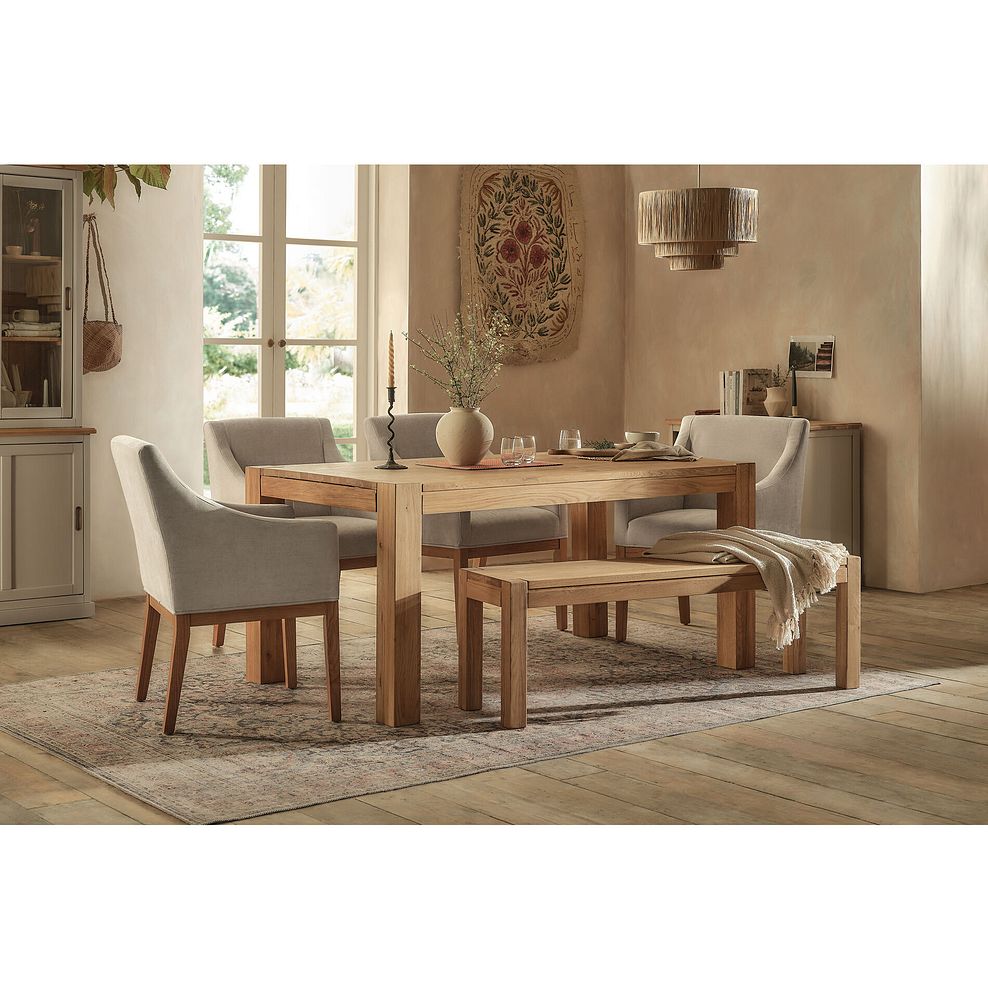 Ontario European Oak Dining Table + 4 Harper Chairs in Stone Fabric + 1 Ontario Bench 2