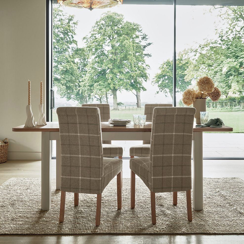 Otto Smoked Oak Finish and Cashmere Painted Extendable Dining Table + 4 Scroll Back Chairs in Checked Beige Fabric with Oak Legs 3