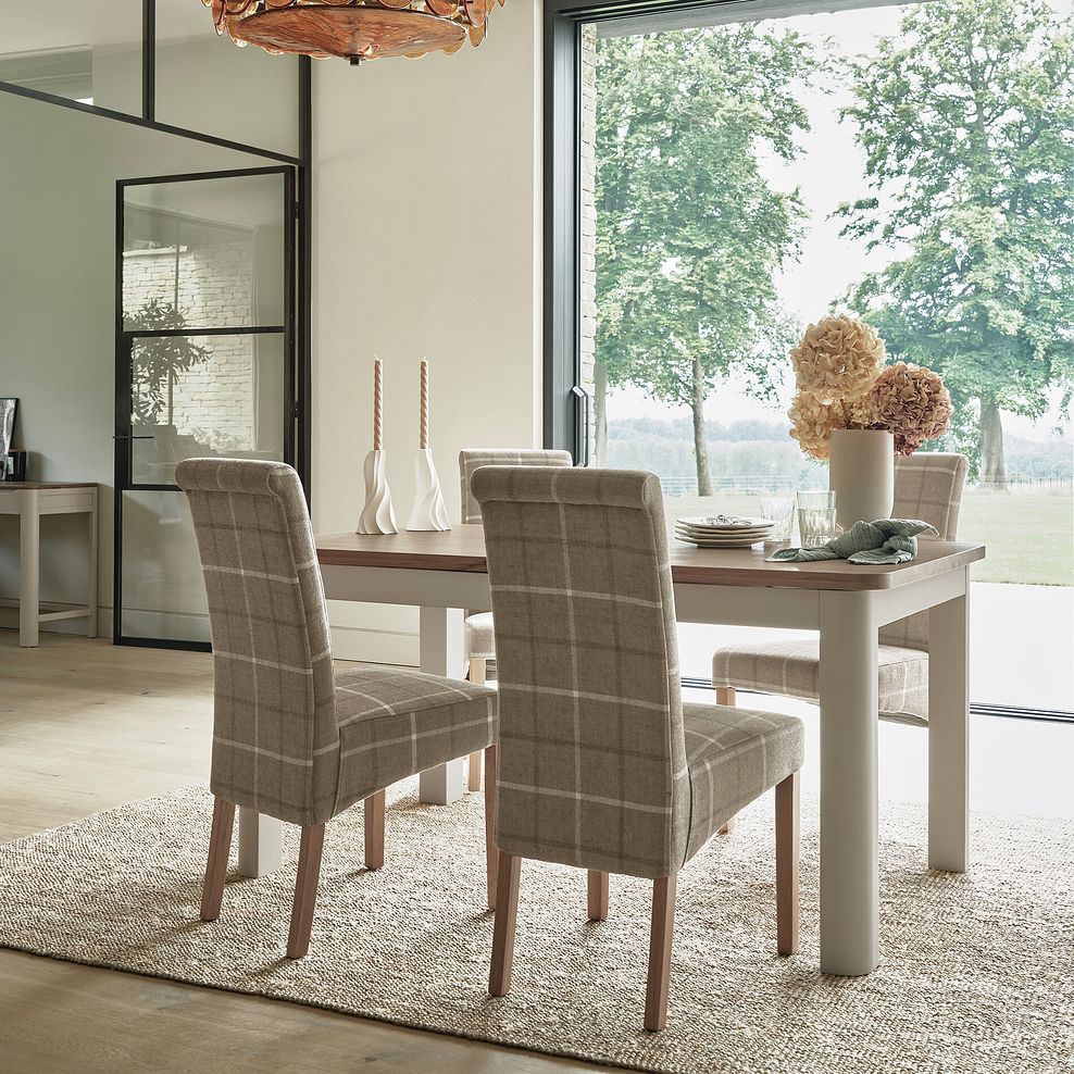 Otto Smoked Oak Finish and Cashmere Painted Extendable Dining Table + 4 Scroll Back Chairs in Checked Beige Fabric with Oak Legs 2