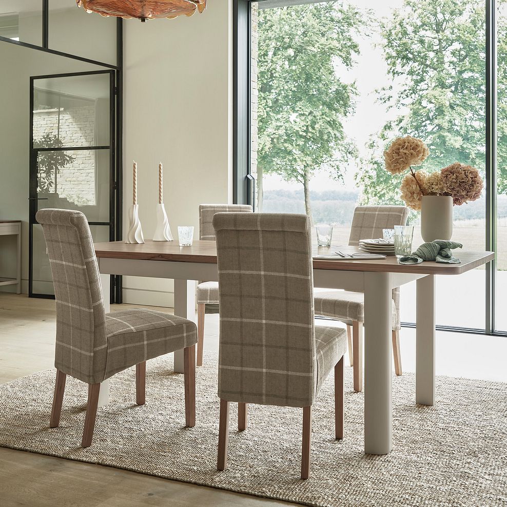 Otto Smoked Oak Finish and Cashmere Painted Extendable Dining Table + 4 Scroll Back Chairs in Checked Beige Fabric with Oak Legs 1