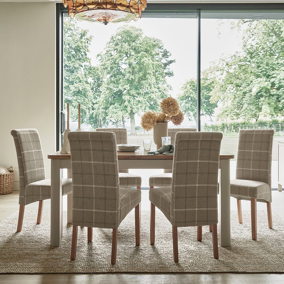 Otto Smoked Oak Finish and Cashmere Painted Extendable Dining Table + 6 Scroll Back Chairs in Checked Beige Fabric with Oak Legs 1