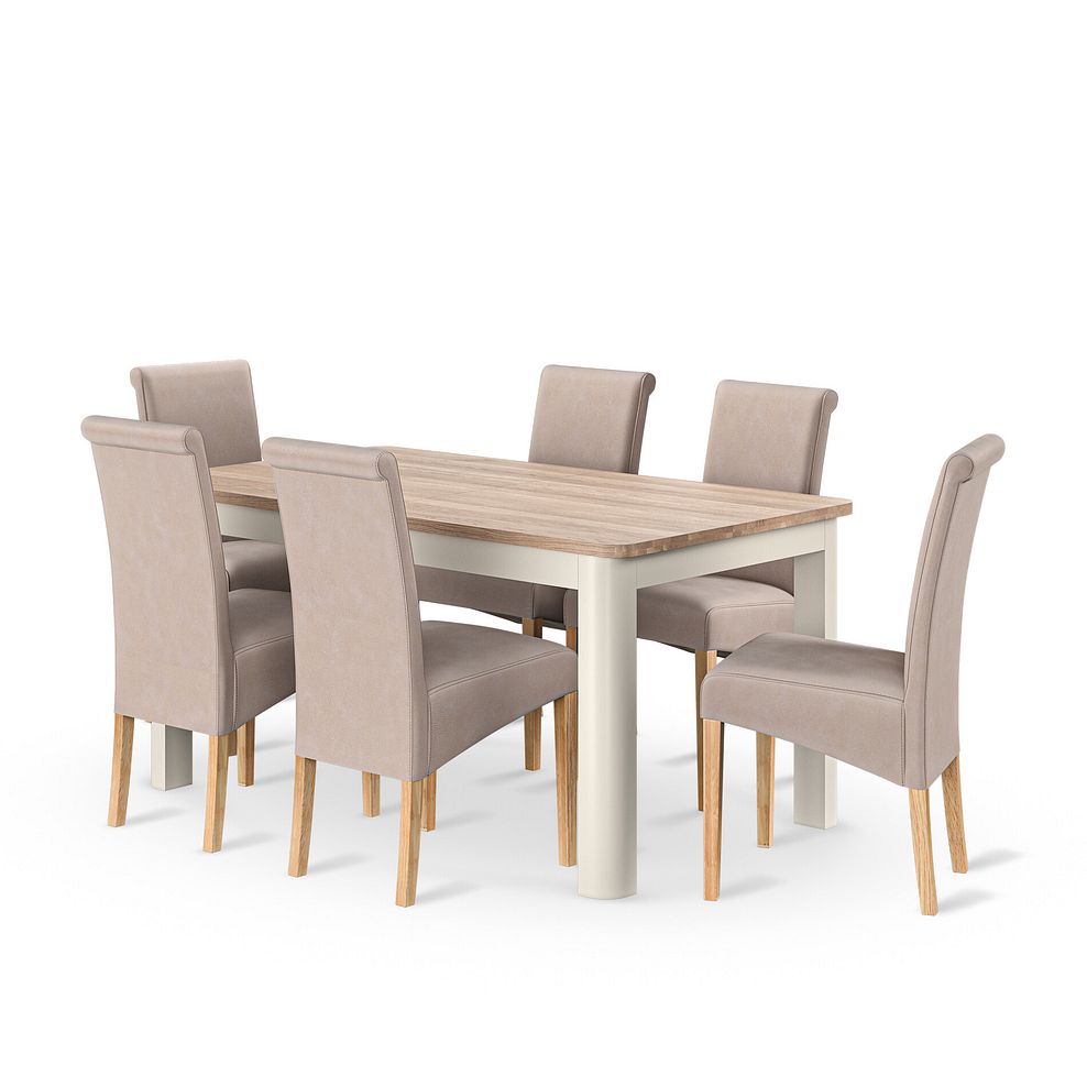 Otto Smoked Oak Finish and Cashmere Painted Extendable Dining Table 160-210cm + 6 Scroll Back Chair in Dappled Beige Fabric with Solid Oak Legs 1