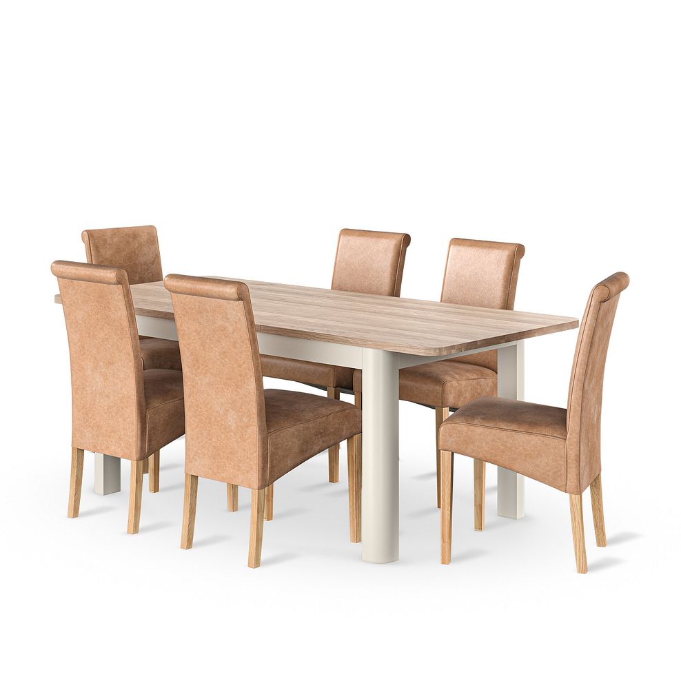 Otto Smoked Oak Finish and Cashmere Painted Extendable Dining Table 160-210cm + 6 Scroll Back Chair in Vintage Tan Leather Look Fabric with Oak Legs 2