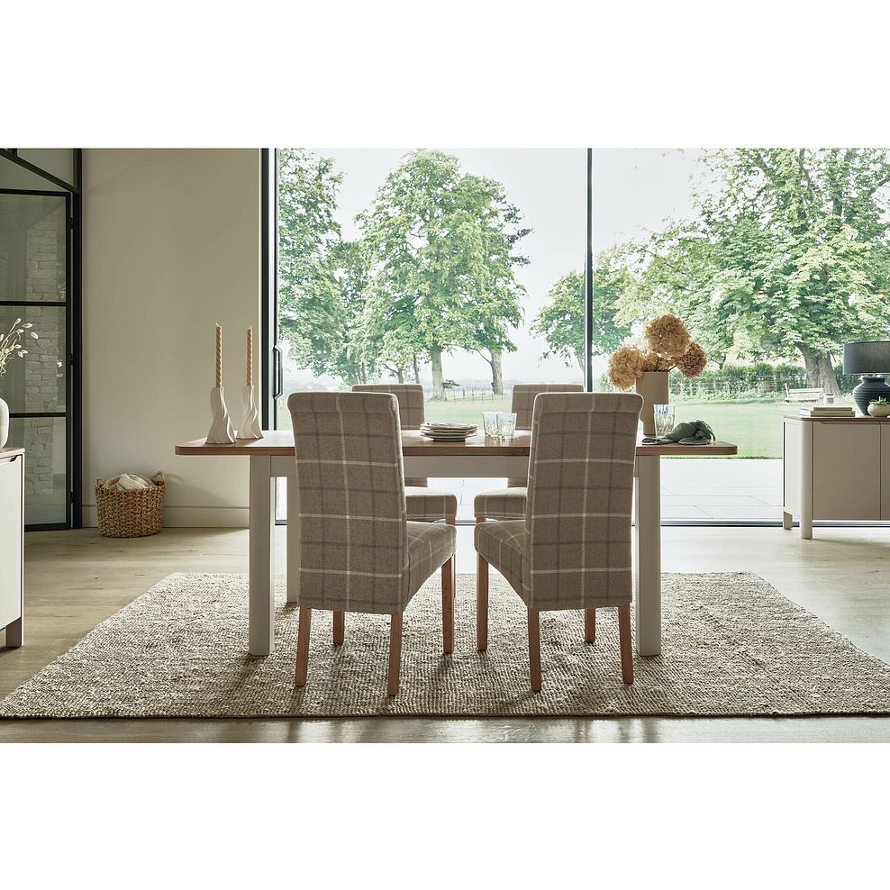 Otto Smoked Oak Finish and Painted Extendable Dining Table + 4 Scroll Back Chairs in Checked Beige Fabric with Oak Legs 3