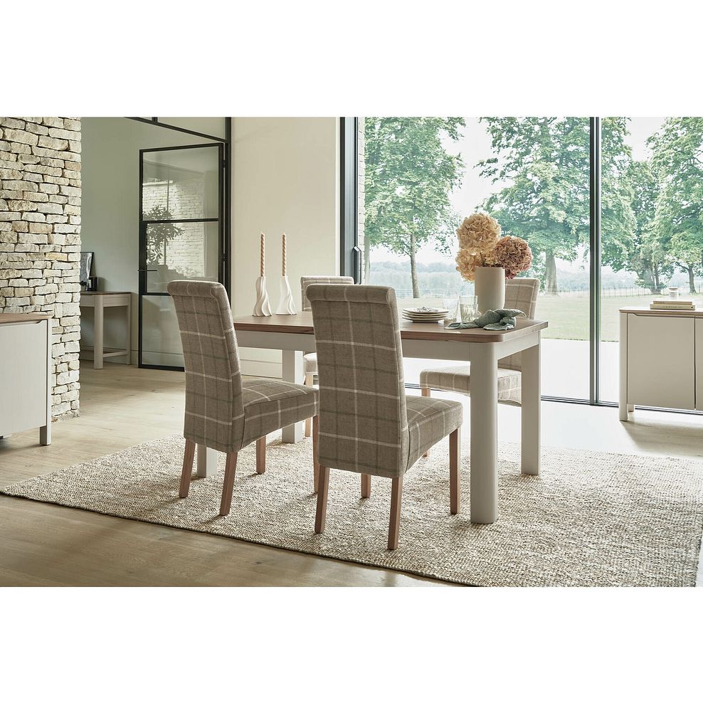 Otto Smoked Oak Finish and Painted Extendable Dining Table + 4 Scroll Back Chairs in Checked Beige Fabric with Oak Legs 4