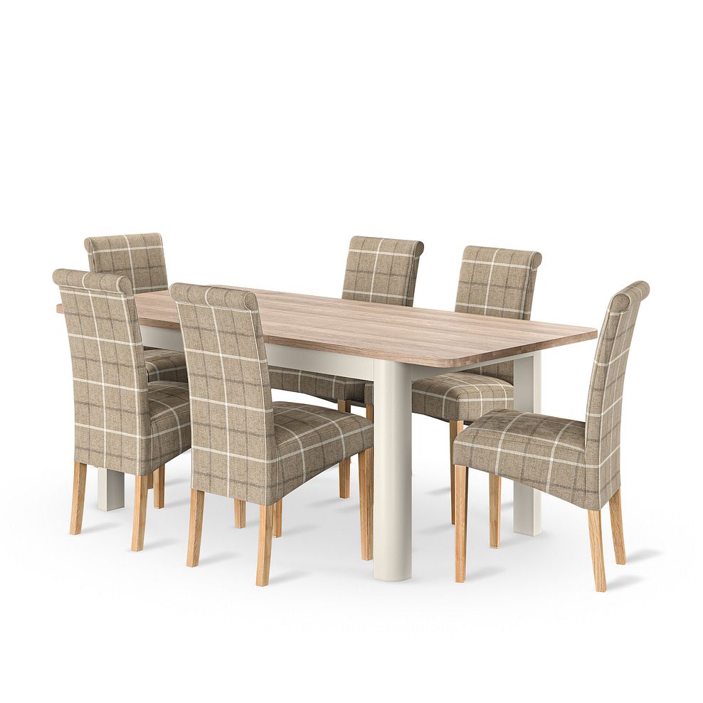 Otto Smoked Oak Finish and Painted Extendable Dining Table + 6 Scroll Back Chairs in Checked Beige Fabric with Oak Legs 4