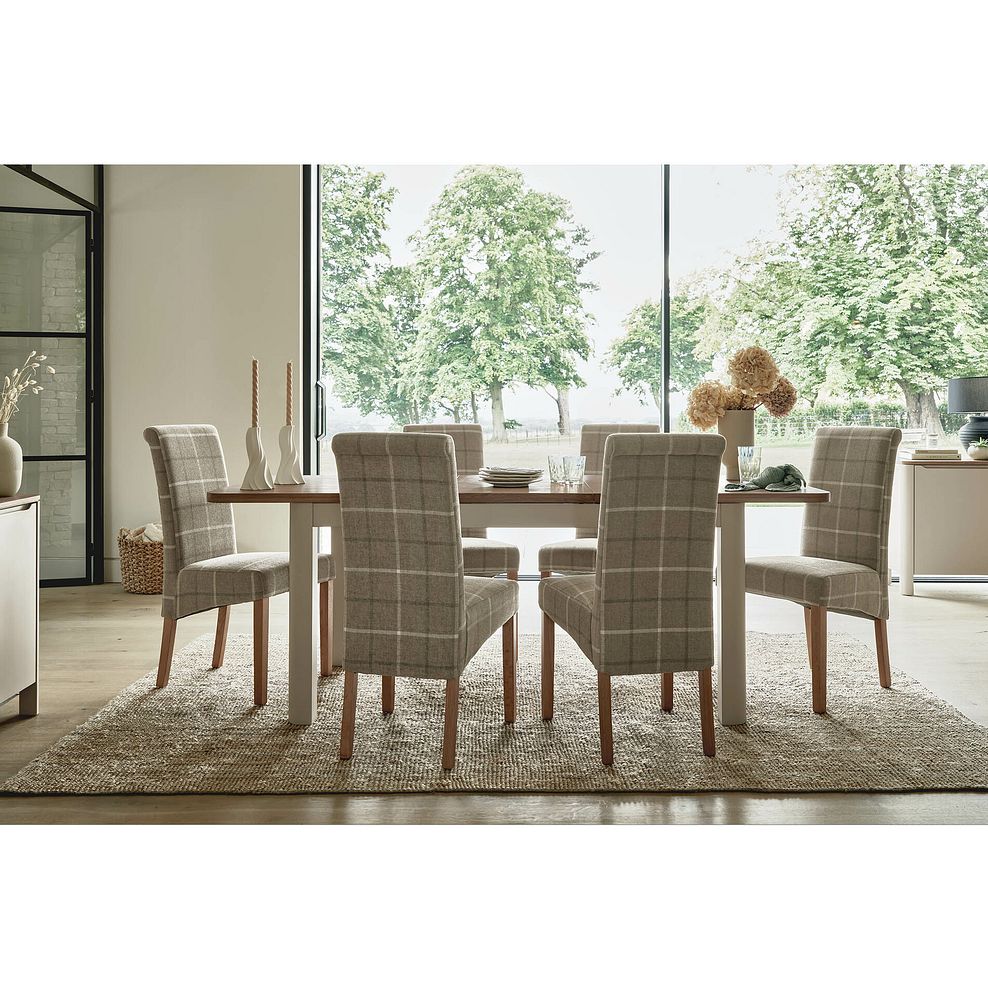 Otto Smoked Oak Finish and Painted Extendable Dining Table + 6 Scroll Back Chairs in Checked Beige Fabric with Oak Legs 1