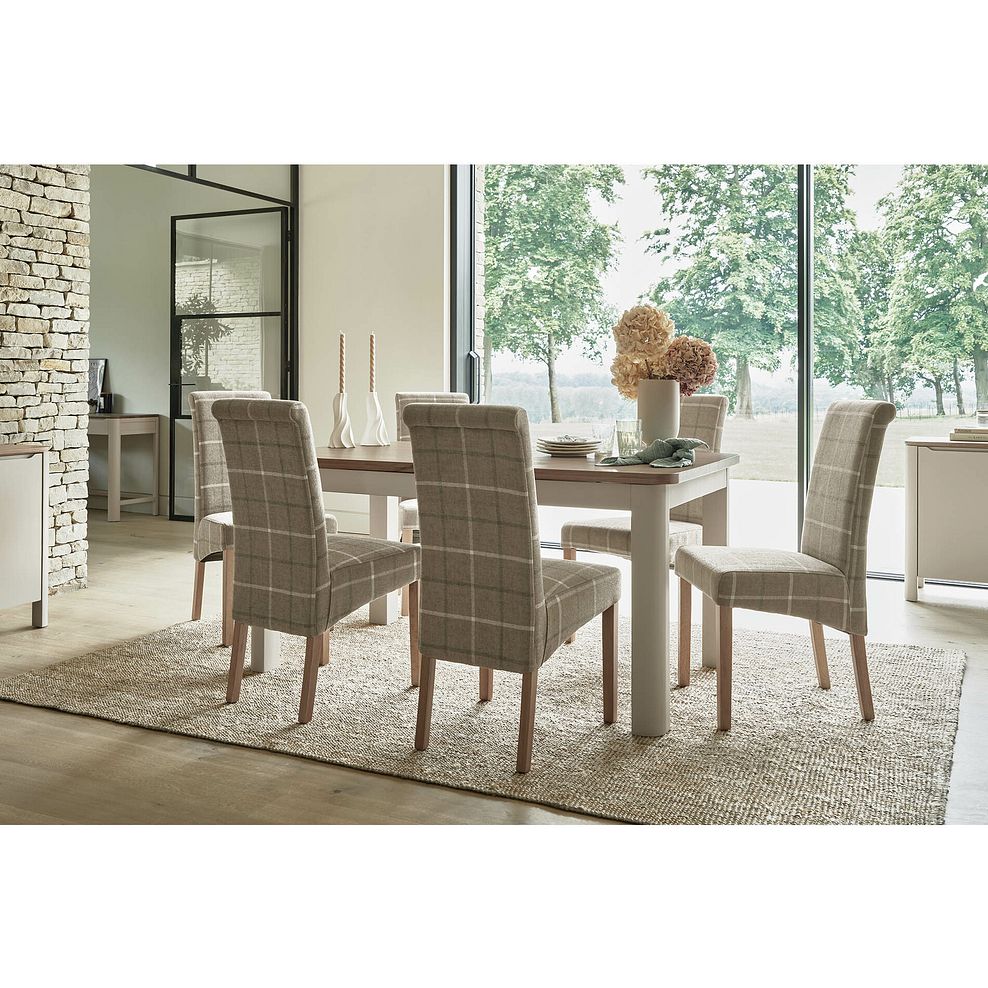 Otto Smoked Oak Finish and Painted Extendable Dining Table + 6 Scroll Back Chairs in Checked Beige Fabric with Oak Legs 2