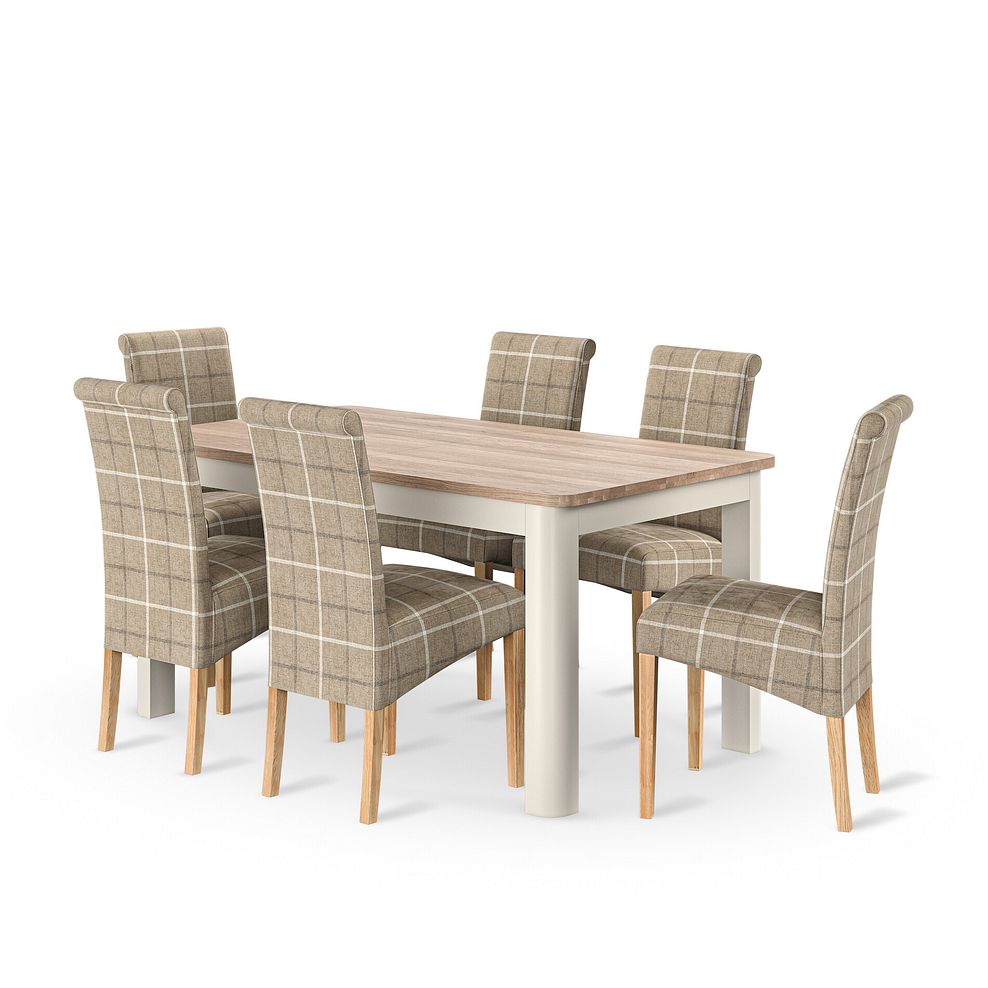 Otto Smoked Oak Finish and Painted Extendable Dining Table + 6 Scroll Back Chairs in Checked Beige Fabric with Oak Legs 3