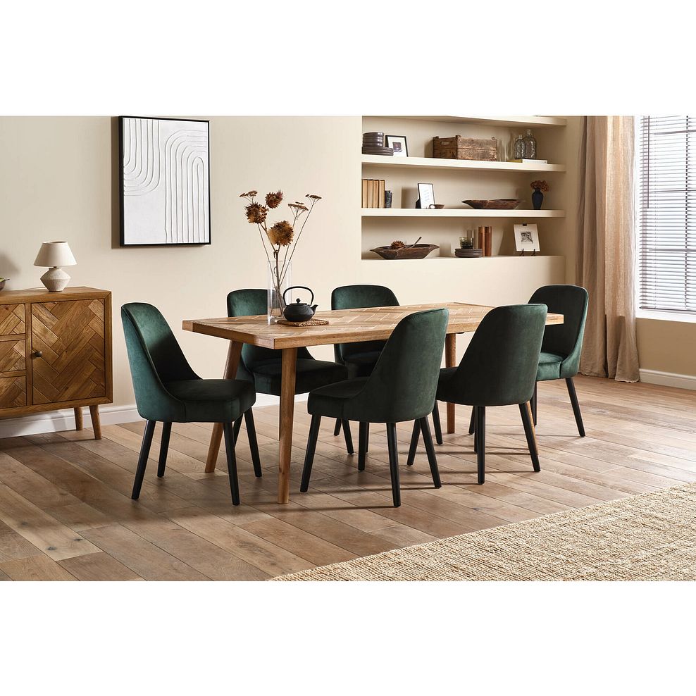 Parquet Brushed and Glazed Oak 8 Seater Dining Table + 6 Bette Upholstered Chairs with Black Legs in Heritage Bottle Green Velvet 1