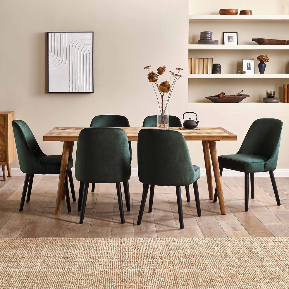 Parquet Brushed and Glazed Oak 8 Seater Dining Table + 6 Bette Upholstered Chairs with Black Legs in Heritage Bottle Green Velvet 2