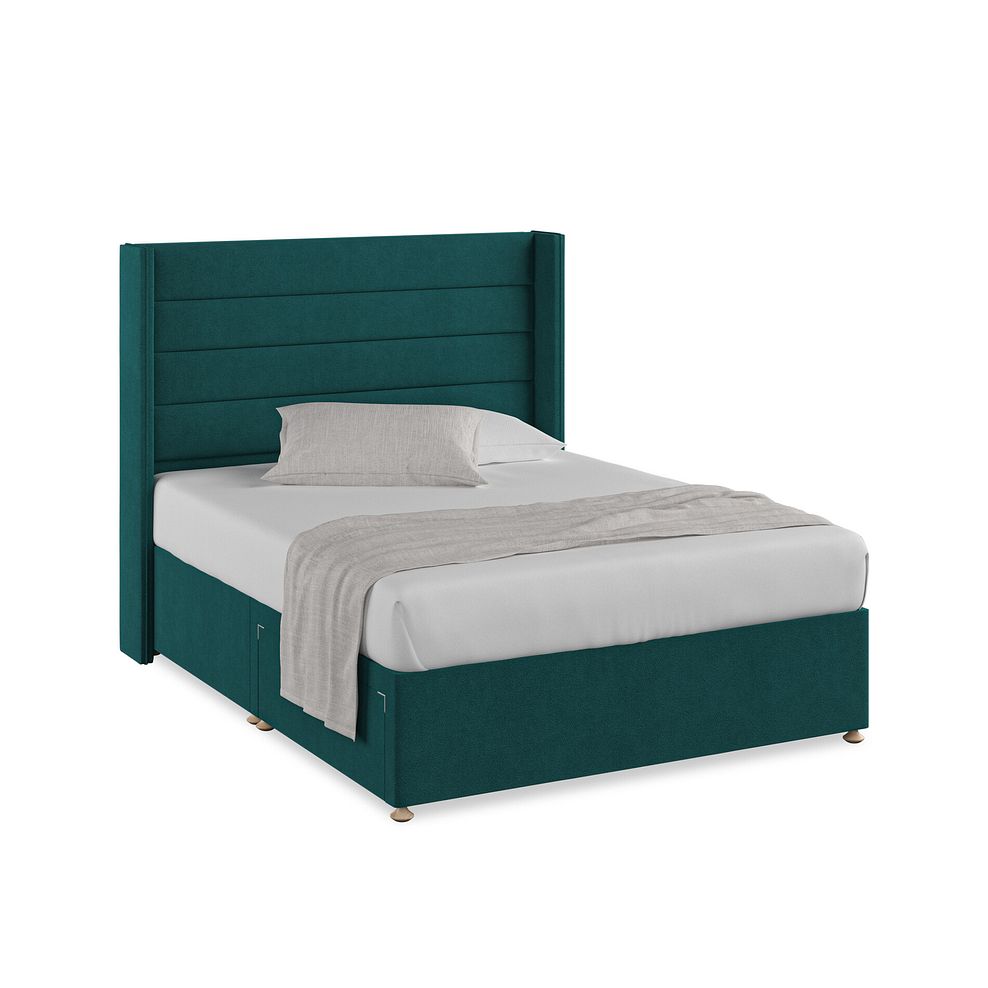 Penryn King-Size 2 Drawer Divan Bed with Winged Headboard in Venice Fabric - Teal 1