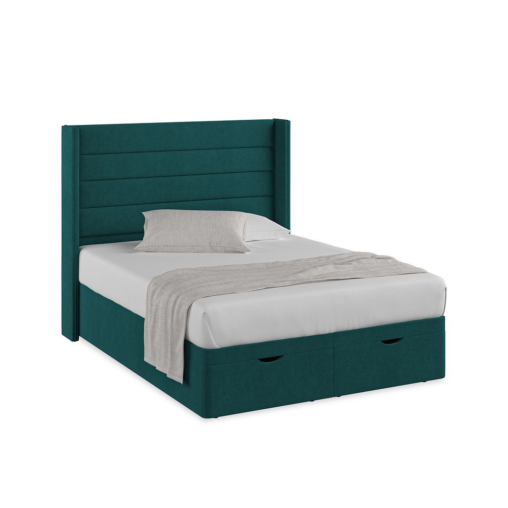 Penryn King-Size Storage Ottoman Bed with Winged Headboard in Venice Fabric - Teal 1