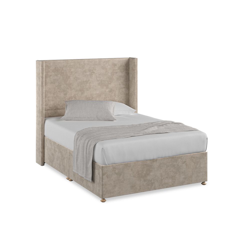 Penzance Double 2 Drawer Divan Bed with Winged Headboard in Heritage Velvet - Mink 1