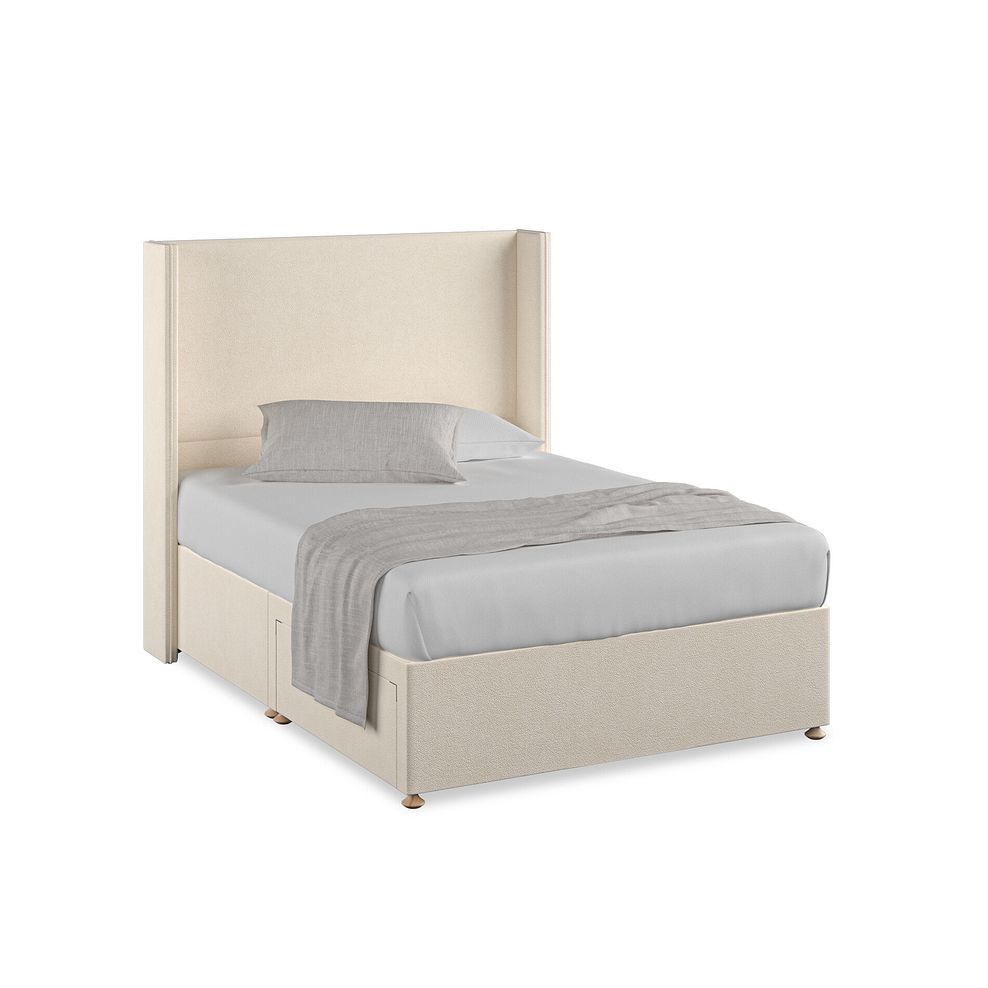 Penzance Double 2 Drawer Divan Bed with Winged Headboard in Venice Fabric - Cream 1