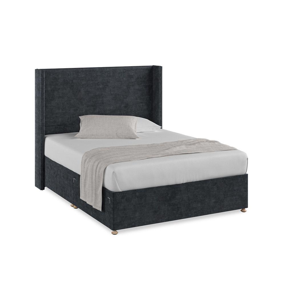 Penzance King-Size 2 Drawer Divan Bed with Winged Headboard in Heritage Velvet - Charcoal 1