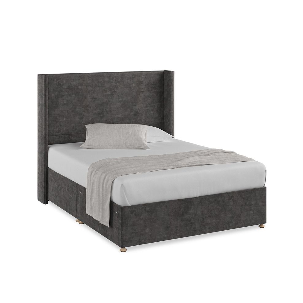 Penzance King-Size 2 Drawer Divan Bed with Winged Headboard in Heritage Velvet - Steel 1