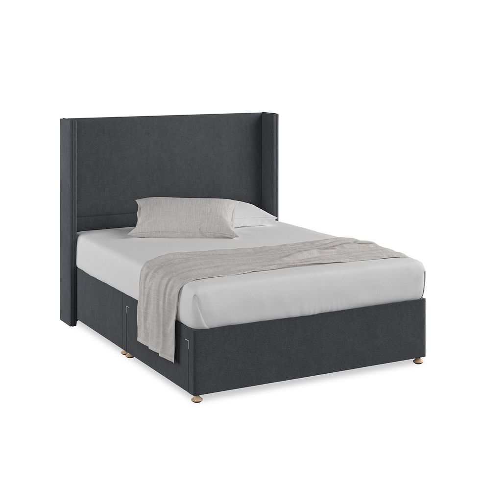 Penzance King-Size 2 Drawer Divan Bed with Winged Headboard in Venice Fabric - Anthracite 1